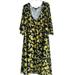 June + Vie Womens V Neck 3/4 Sleeve Dress Plus Sz 22/24 Navy Yellow Lemons